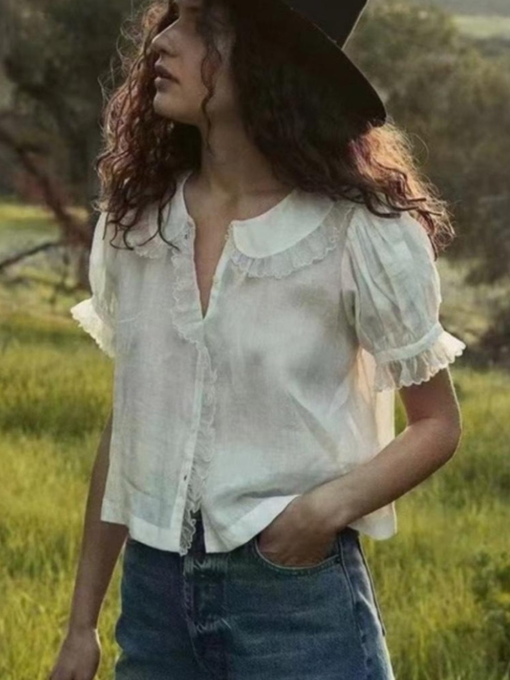 Doen Ivory Ruffle-Trim Cotton Blouse